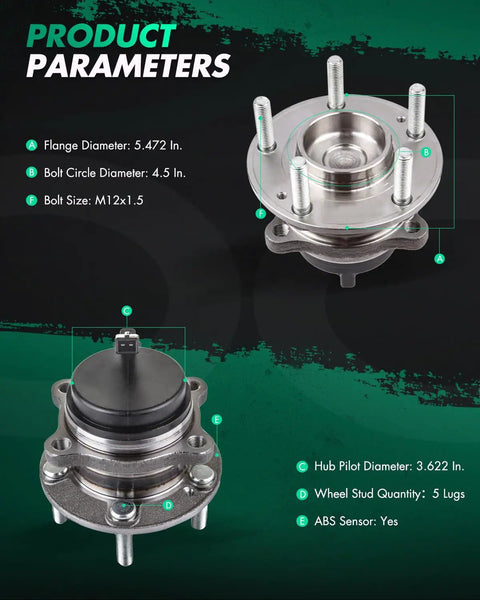 Rear Wheel Hub And Bearing Assembly Pair With ABS For Hyundai Santa Fe 2007-2020 Santa Fe Sport 2013-2018 Veracruz 2007-2012 And Kia Sorento 2011-2015 FWD 5 Lug VKBA6948 512326 527502B100 Replacement showing product dimensions and features including flange diameter, bolt circle diameter, and ABS sensor