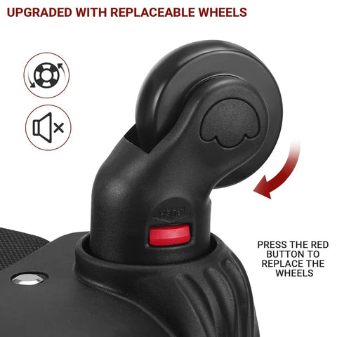 Close-up of underseat rolling backpack with wheels for air travel, showing the replaceable wheel mechanism and red button.
