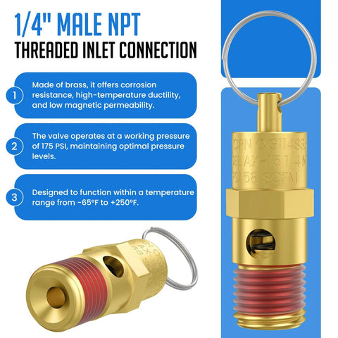 Two brass 1/4 in NPT air compressor pressure relief valves, 175 PSI, with ring handle
