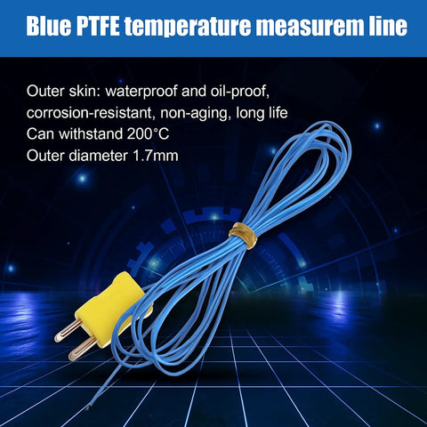 Blue PTFE thermocouple sensor line with yellow two-pin connector, coiled; outer diameter 1.7mm, withstands 200°C.