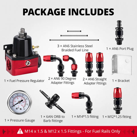 EVIL ENERGY 6AN fuel pressure regulator kit with red aluminum body, 3 braided lines, gauge, adapters, and bracket