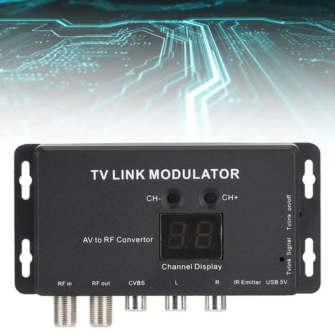Front view of UHF TV Link Modulator With AV To RF Converter For Your Local CATV Setup, channel display, USB setup, PAL optional.