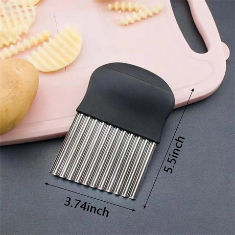 One Piece Crinkle Cutter And French Fry Cutter For Potatoes And Vegetables Stainless Steel Wavy Slicer on a cutting board