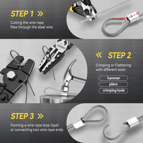 Step-by-step guide using Heavy Duty Wire Cutters For Three Sixteenth Inch Cable And Fence Wire With Safety Lock Spring Loaded Handle And Non Slip Matte Grip Chrome Vanadium Steel Jaw By DISEN for cutting and crimping cables.