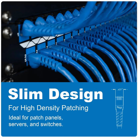 Slim design Ethernet cables shown installed in a data center patch panel for high density patching.