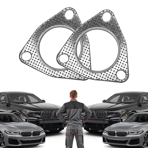 Front view of two Eponcia 3-bolt exhaust gasket flanges, 2.5in (63.5mm), perforated metal, 2-piece set