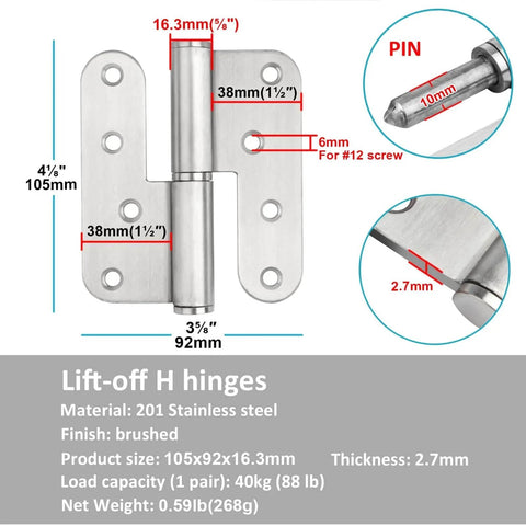 Diagram of Stainless Steel Door Hinges 6 Pack 3.5 Inch H Shape Lift Off Left and Right Hand with Removable Pin showing dimensions and details.