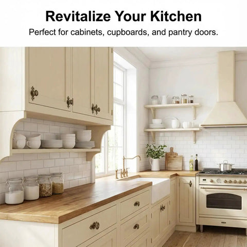 Kitchen with installed 12 Pack Brass Cabinet Knobs With Backplates Antique Vintage Retro Style, showcasing zinc alloy base handles.