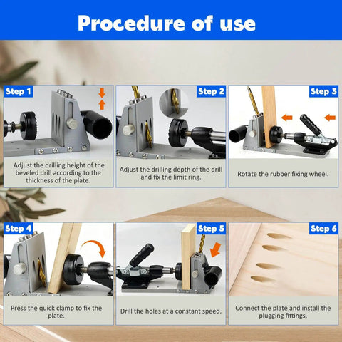 Pro Grade Pocket Hole Jig Kit With Dust Collection steps for drilling joints, showing adjustable features and easy setup instructions.