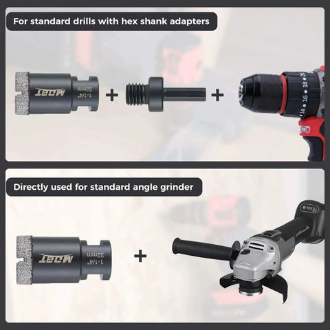 Two Pack Diamond Core Drill Bits Six Millimeter One Quarter Inch Diameter For Porcelain Ceramic Tile Marble Brick With Vacuum Brazed Five Eighths Inch Thread For Angle Grinders And Wet Polishers Tile Hole Saw Kit shown with angle grinder and drill.