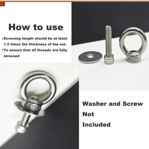 Stainless Steel M5 Lifting Eye Nuts with Three Sixteenth Inch Threads, Ring Shoulder Design, instructions highlighted, washer and screw not included.