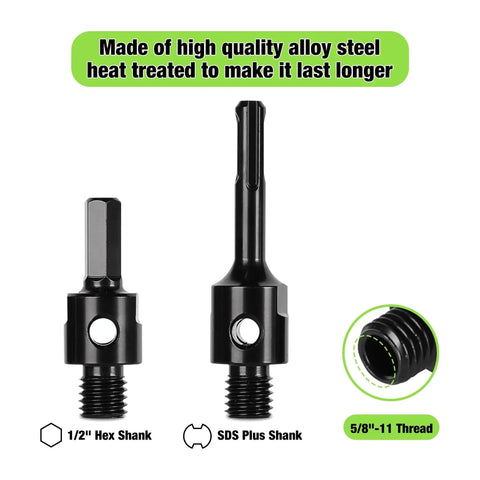 Two And A Half Inch Dry Core Drill Bit With Pilot Bit And Dual Adapters For SDS Plus And Hex Five Eighth Eleven Threaded Diamond Core Bit For Concrete Brick And Masonry Ten Inch Drilling Depth By Betteri, showing hex and SDS plus shanks and threaded adapter.
