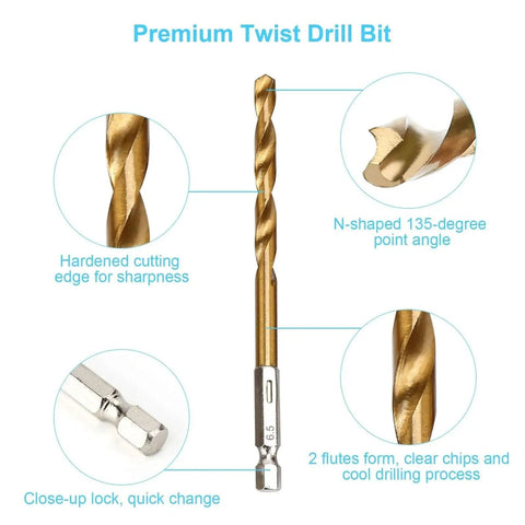 Pro Grade Titanium Coated HSS 19 Piece Hex Drill Bit Set With Quick Change Hex Shank For Woodworking And Metal Drilling