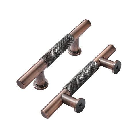 Close-up of 10 Pack 3 Inch Knurled Brushed Antique Copper Cabinet Drawer Pulls, solid metal handles with rustic elegant finish.