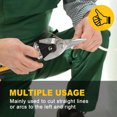 Person using 10 Inch Tin Snips For Sheet Metal Cutting Built Tough Heavy Duty Cutter Shears Straight Cut Chrome Vanadium Steel CRV