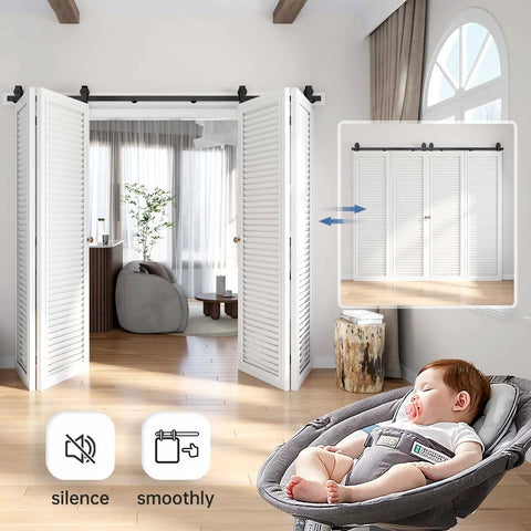 Top Mount Bifold Sliding Closet Door Hardware Kit for Four 24 Inch Doors Black Track System With Quiet Smooth Rollers