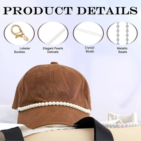 Brown baseball cap with detachable pearl hat chain featuring lobster clasps, elegant pearls, and metallic beads.