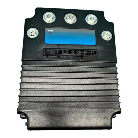 DC motor controller in black ribbed enclosure with blue label window and multiple terminal connectors