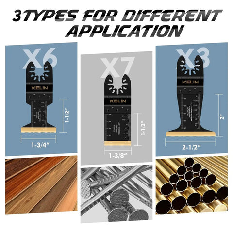 KELIN 16-piece set of Titanium Enhanced Oscillating Tool Blades Kit for metal and wood cutting, three different blade sizes shown
