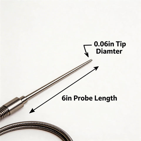 K-type thermocouple probe, 6in length, 0.06in tip, braided stainless steel cable