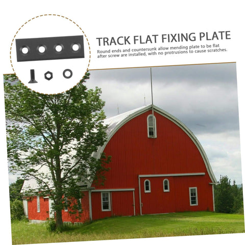 Barn Door Track Hardware Kit With Flat Fixing Plate And Connecting Brace For Stable Sliding Doors Diy Friendly Easy Install Sliding Barn Door Rail System Durable Steel Construction Heavy Duty Track Components shown with barn background