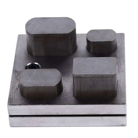 Versatile Alloy Steel Punch Die Disc Set for Jewelry Crafting and Metal Beading, showing four rectangular punch dies on steel block.