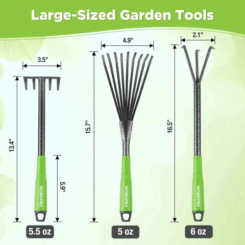 Image of large-sized garden tools from the Six Piece Garden Tool Set With Heavy Duty Hand Tools And Soft Rubber Handles, showing dimensions.