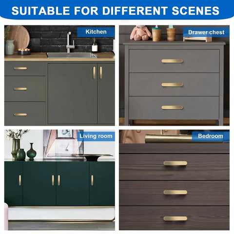 Brushed Brass Cabinet Handles 4 Pack Gold Drawer Pulls in kitchen, drawer, living room, and bedroom settings