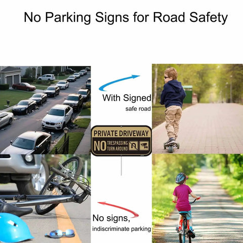 Collage showing Private Driveway No Parking No Turn Around Sign Aluminum Reflective Weatherproof Outdoor 12x6 Inches Two Pack installed