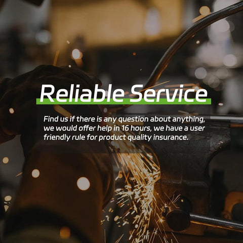 Person welding in workshop with text overlay 'Reliable Service' indicating quality assurance and customer support