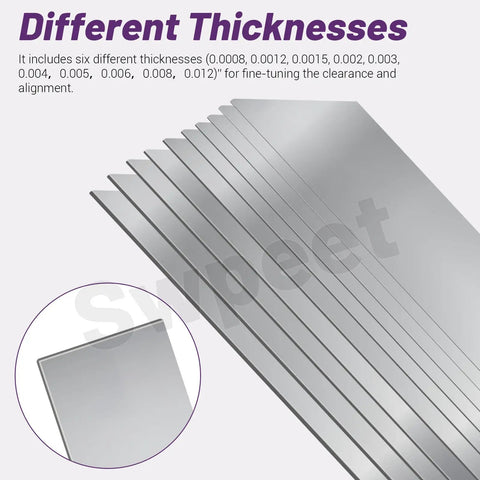 Premium 10 Pcs 304 Stainless Steel Shim Stock Kit Swpeet showing metal shims in various thicknesses for precise adjustments.