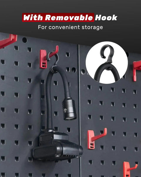 Magnetic Gooseneck Work Light With 4400mAh Rechargeable Battery hanging by hook on pegboard, 1000 Lumen LED, black