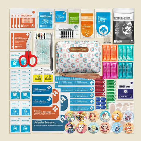 Rescue Pack Family First Aid Kit with 200 medical supplies, travel-friendly compact bag, colorful bandages, tick remover, moleskin pads