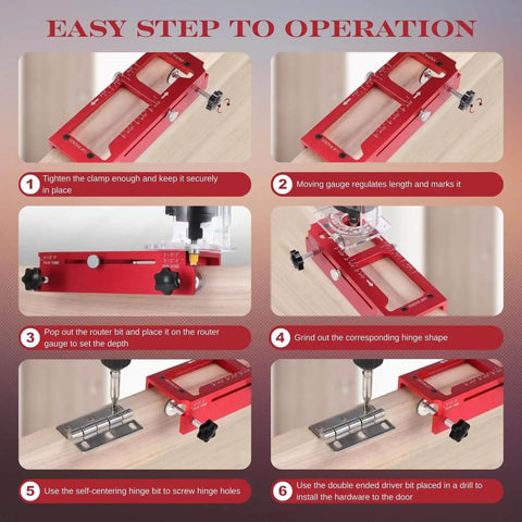 Pro Grade Door Hinge Mortising Jig with Red Aluminum Template Kit and Router Guide shown in step-by-step operation