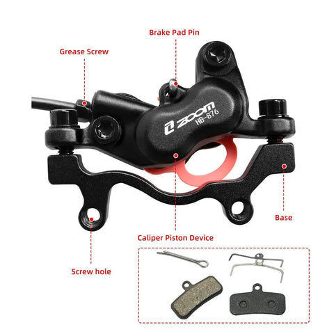ZOOM HB876 4-piston hydraulic disc brake caliper in side view with mounting bracket and pad hardware, black