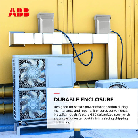Outdoor installation of 60A 240V AC Pull-Out Disconnect Switch with GFCI Receptacle for Air Conditioner beside a metal enclosure.