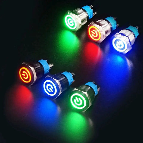 Group of colorful 12mm momentary push button switches with blue LED ring and metal chassis for 12mm mount hole, waterproof and robust design.