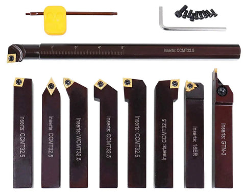 Three Quarters Inch Shank Nine Piece Indexable Turning And Boring Tool Set For Carbon Steel Alloy Steel And Cast Iron With TiN Coated C6 Carbide Inserts Accusize Industrial Tools 2988-0034