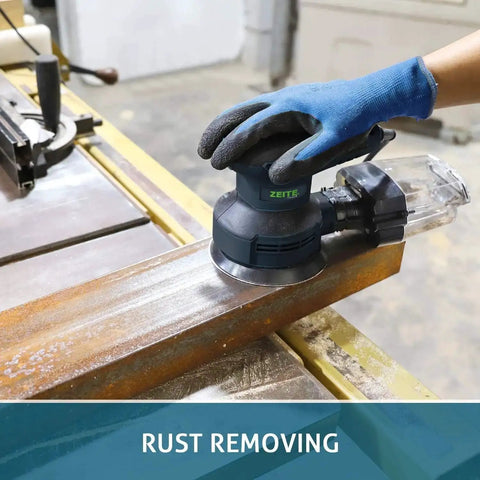 Using Powerful 3 Amp Random Orbital Palm Sander With Variable Speed From 5000 To 12000 OPM Cyclonic Dust Box Vacuum Adapter on metal