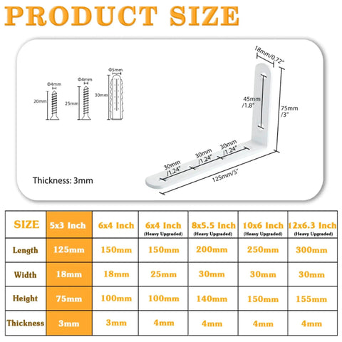 Diagram of 12 Pack Floating Shelf Brackets White Heavy Duty L Shaped Corner Braces 5x3 Inch Stainless Steel, product size dimensions.