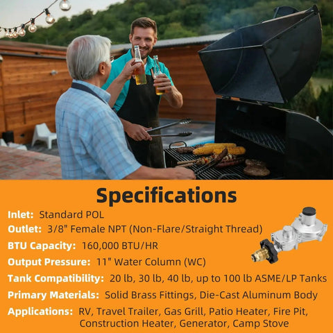 Two Stage Propane Regulator With Soft Nose POL Connection For Twenty To Hundred Pound Tanks 3 Eighth Inch NPT Fitting for outdoor grilling