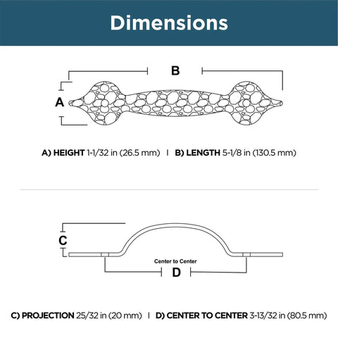 Dimensions of Matte Black Cabinet Handles Five Pack Three And A Half Inch Center To Center Classic Pulls with Fade Resistant Finish.