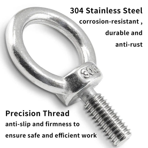 Close-up of 12 Pack M6 Lifting Eye Bolt in 304 stainless steel, showcasing the precision thread and corrosion-resistant material