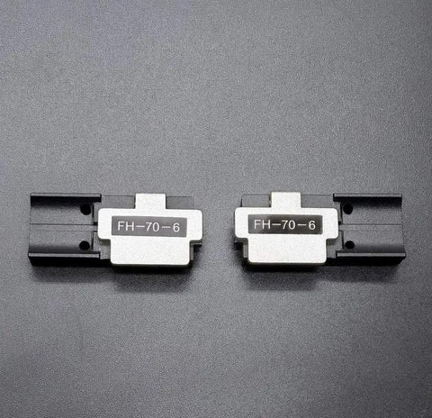 Two FH-70-6 fiber holder chuck fixtures with ribbon clamps for Fujikura splicers FSM 90R 88R 70R 70R Plus, placed side by side.
