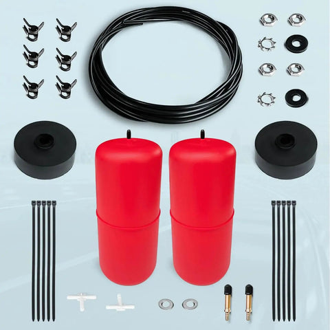 Top-down view of FLOVENTIS air suspension kit for 2020–2026 Jeep Gladiator; two red air springs with hoses and hardware