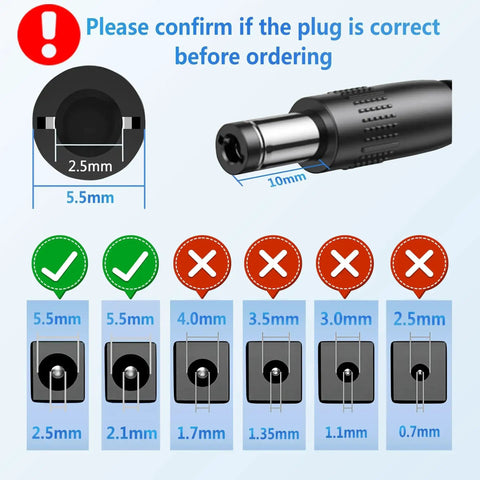 Diagram showing 5.5mm x 2.5/2.1mm DC plug for 24V 1A DC Power Supply Adapter With Universal 100-240V AC Input And 24W Output.