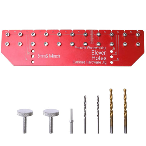 11 Hole All Metal Shelf Pin Jig With Self Contained Clamping For Easy No Fuss Drilling Drill Guide For Quick Precise Woodworking And Furniture Assembly Includes 1 Quarter Inch And 5 Millimeter Drill Bits shown with components