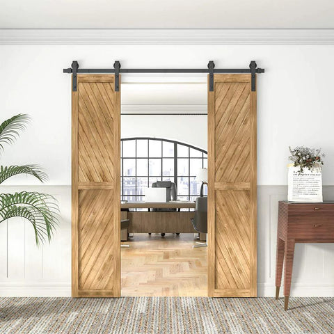 6.6Ft Black Barn Door Hardware Kit For Double Sliding Doors, Carbon Steel Heavy Duty Track System With J-Shape Hangers installed
