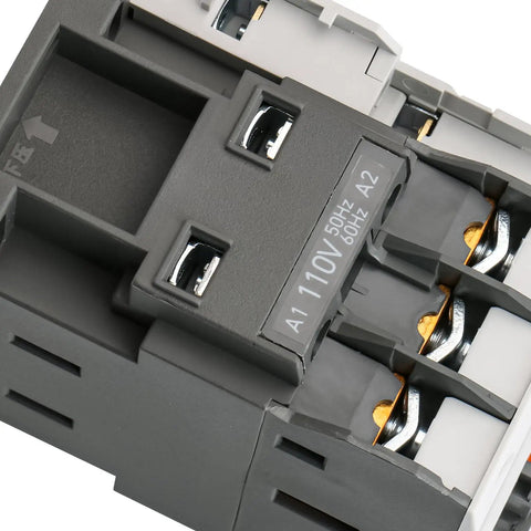 Close-up of Three Pole Magnetic Contactor 60A 110V AC Coil With 2NO2NC Auxiliary Contacts DIN Rail Mount UL Listed.