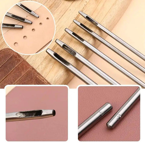 Leather Hole Punch Tool Set With 10 Round Punch Sizes From 0.5mm To 3.5mm shown on leather piece, highlighting punches and detailed tips
